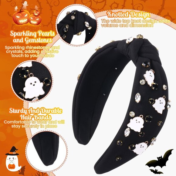 Halloween Headband and Earrings Set Women Rhinestone Pearl Ghost Bat Pumpkin - Picture 3 of 6